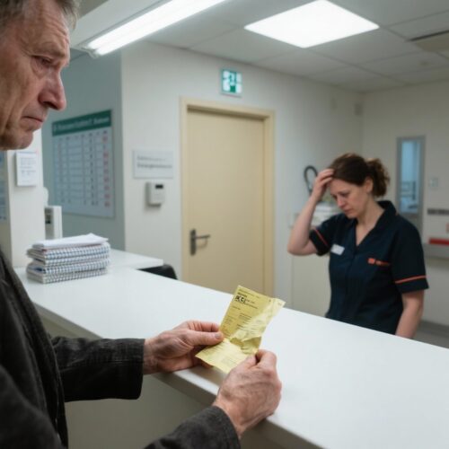 Ein Mann hält einen abgelaufenen Krankschein und konfrontiert die Arzthelferin am leeren Praxistresen.