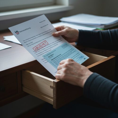 Eine Hand verstaut resigniert eine Arbeitsunfähigkeitsbescheinigung in einer Schublade; die andere hält einen roten, abgestempelten Ablehnungsbescheid.