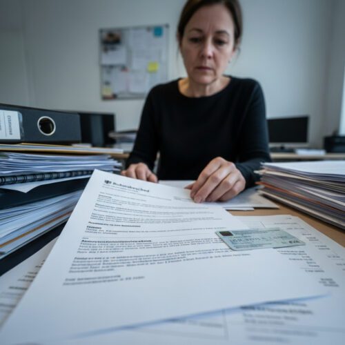 Eine Frau blickt besorgt auf einen Ruhensbescheid der Krankenkasse neben ihrer elektronischen Gesundheitskarte (eGK).