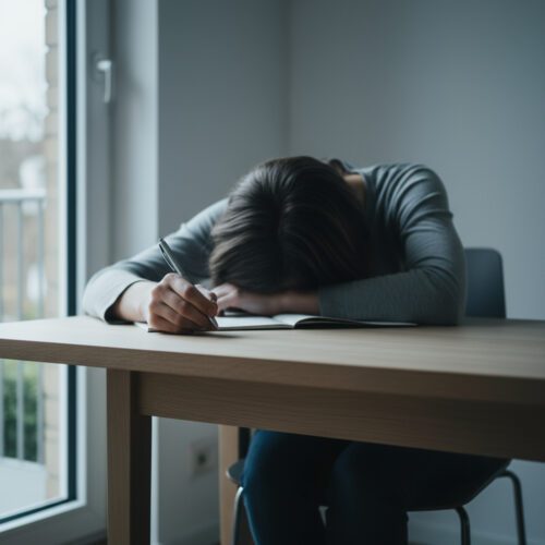 Eine junge, erschöpfte Frau ist über ihren Schreibtisch gesunken, ein Stift baumelt haltlos über einem Notizblock.