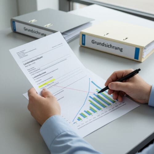 Ein Sachbearbeiter zieht eine analytische Linie von einer Lohnsteuerbescheinigung zu einem Diagramm stark ansteigender Nominallöhne.