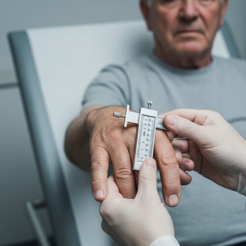 Ein medizinisches Goniometer misst in Nahaufnahme den eingeschränkten Beugungswinkel der steifen rechten Hand eines älteren Mannes.