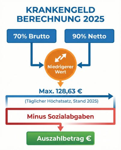 Infografik zur Berechnung des Krankengeldes 2025: Vergleich von 70% Brutto und 90% Netto, Deckelung auf 128,63 Euro und Abzug der Sozialversicherungsbeiträge.