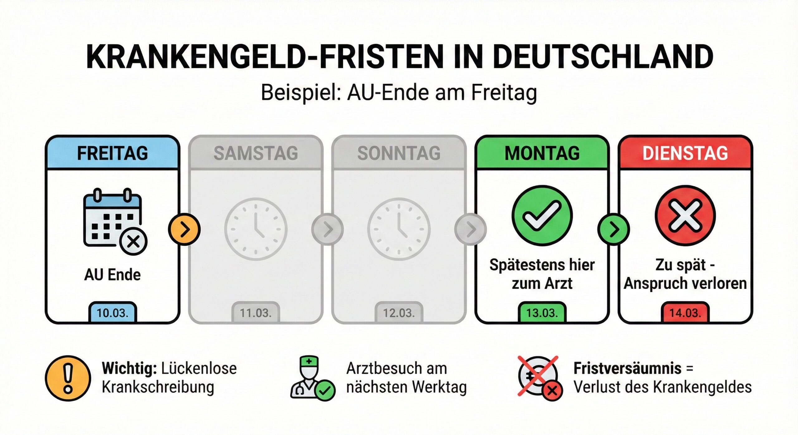 Grafik zur Fristenregelung bei Krankengeld: Endet die Krankschreibung am Freitag, muss die Folgebescheinigung spätestens am Montag erfolgen. Dienstag ist zu spät.