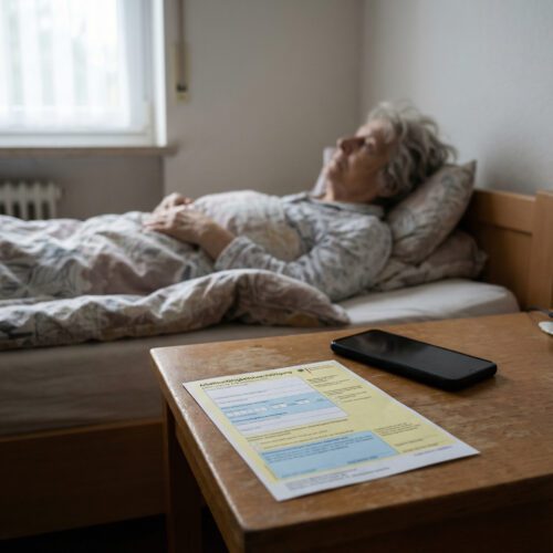 Ein unberührter, farbiger AU-Ausdruck liegt neben einem ausgeschalteten Smartphone auf einem Nachttisch vor einem bettlägerigen Patienten.