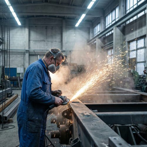 Ein Arbeiter schleift ein Panzer-Chassis; helle Funken beleuchten den dichten, staubigen Metallnebel um seine Maske.