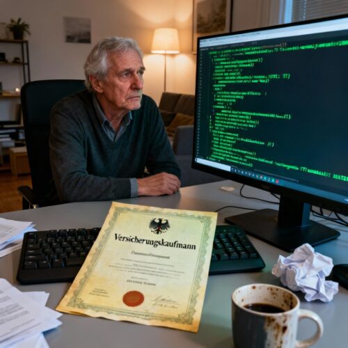 Ein erschöpfter älterer Mann starrt auf einen Computermonitor mit komplexem Code, während ein altes Berufsdokument auf seinem Schreibtisch liegt.