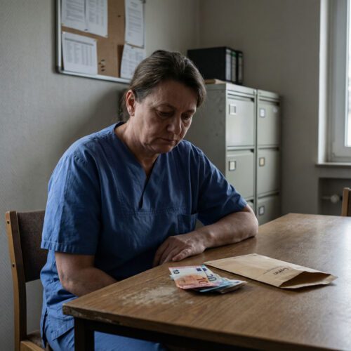 Eine Verwaltungsangestellte übergibt einer Pflegekraft einen Lohnumschlag mit einem deutlich reduzierten, kargen Geldbetrag.