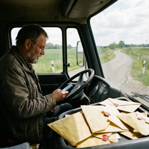 Älterer LKW-Fahrer blickt unachtsam auf sein leuchtendes Smartphone neben amtlichen Briefen auf dem Armaturenbrett.