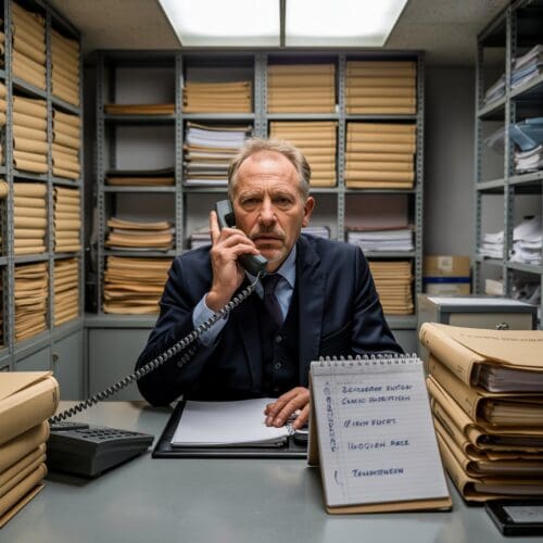 Ein Richter spricht konzentriert am überfüllten Schreibtisch in einen Telefonhörer, um einen Vergleich in einem Sozialrechtsfall zu vermitteln.