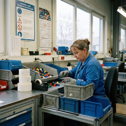 Eine Frau sortiert an einem schlichten Arbeitstisch konzentriert kleine Kunststoffteile in verschiedene Kunststoffwannen.