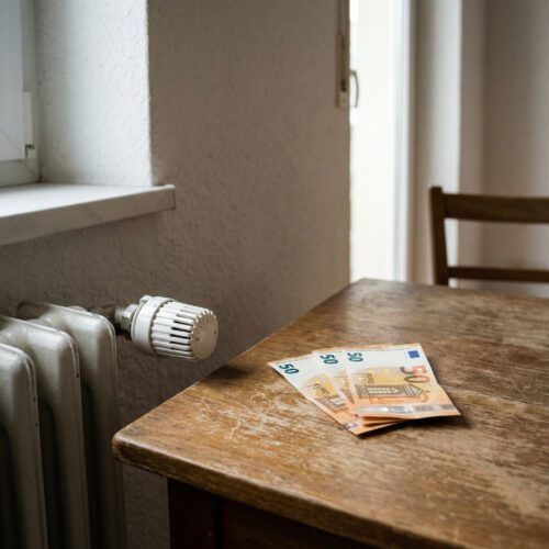 Euro-Geldscheine liegen auf einem einfachen Tisch neben einem Heizkörper-Thermostat in einer kargen Unterkunft.