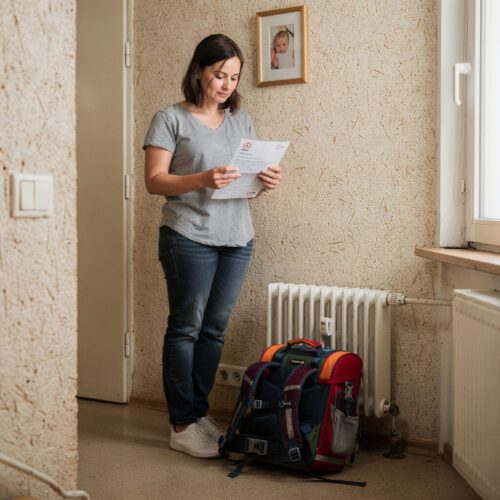 Eine Frau im hellen Hausflur hält ernst einen geöffneten Behördenbrief über einem bunten Schulranzen.
