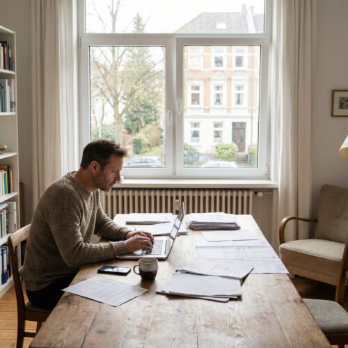 Mann arbeitet fokussiert am Laptop an einem massiven Holztisch mit Unterlagen, Smartphone und Kaffeetasse in hellem Raum.