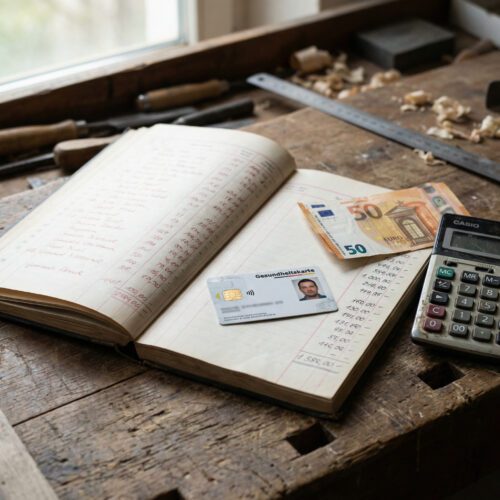 Eine Gesundheitskarte liegt schwer auf den schwarzen Gewinneinträgen eines Kassenbuchs auf einem hölzernen Werkstatttisch.