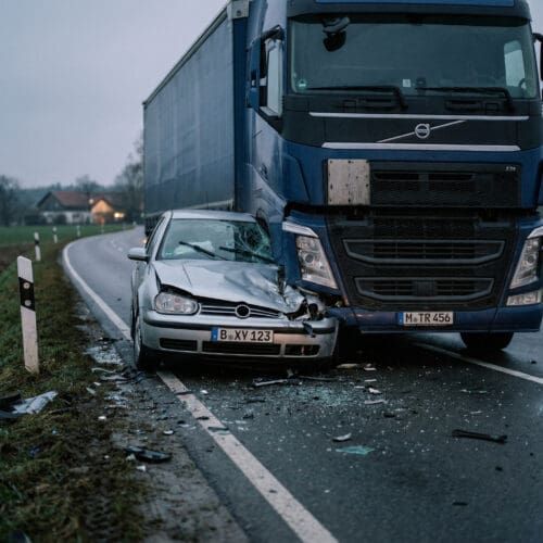 Ein stark deformierter PKW ist im massiven Kühlergrill eines LKWs auf einer trümmerübersäten Landstraße verkeilt.